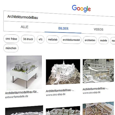 Für ein kleines Unternehmen ist es entscheidend, bei Google im Listing zum Keyword zu erscheinen. Gut ist es, auf der ersten Ergebnisseite zu erscheinen. Noch besser ist der Platz 1 der Liste. 
Das haben wir geschafft! Im anonymisierten Seitenaufruf mit dem Keyword Architekturmodell erscheinen wir in der Bildersuche als erster Eintrag! 