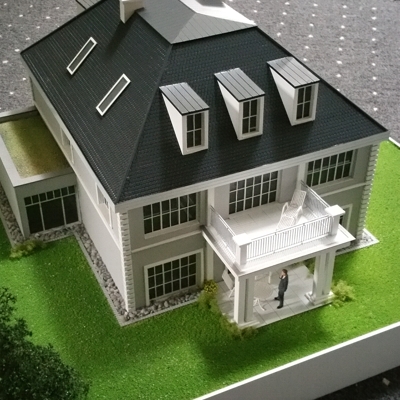 Architekturmodell eines attraktiven Einfamilienhauses - Eingang von oben links