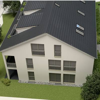 Architekturmodell eines Mehrfamilienhauses - Seitenansicht von schräg oben