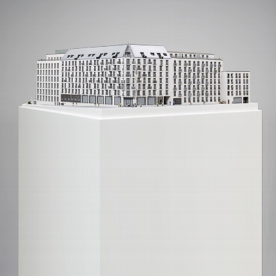 Architekturmodell einer Eckbebauung mit Hotel, Büro und Wohnungen - Gesamtansicht Straßenniveau