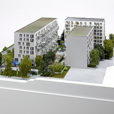 Architekturmodell der Wohnanlage Leopold-Carree in München - Rückansicht Detail