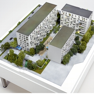 Architekturmodell der Wohnanlage Leopold-Carree in München - Rückansicht von oben