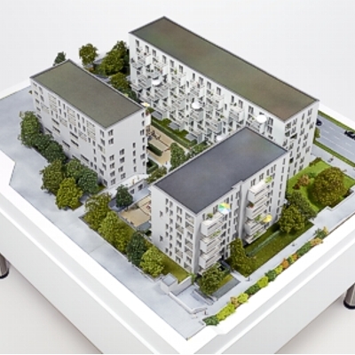 Architekturmodell der Wohnanlage Leopold-Carree in München - Seitenansicht