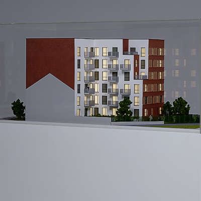Beleuchtetes Architekturmodell einer Wohnanlage - Blick auf Rückseite